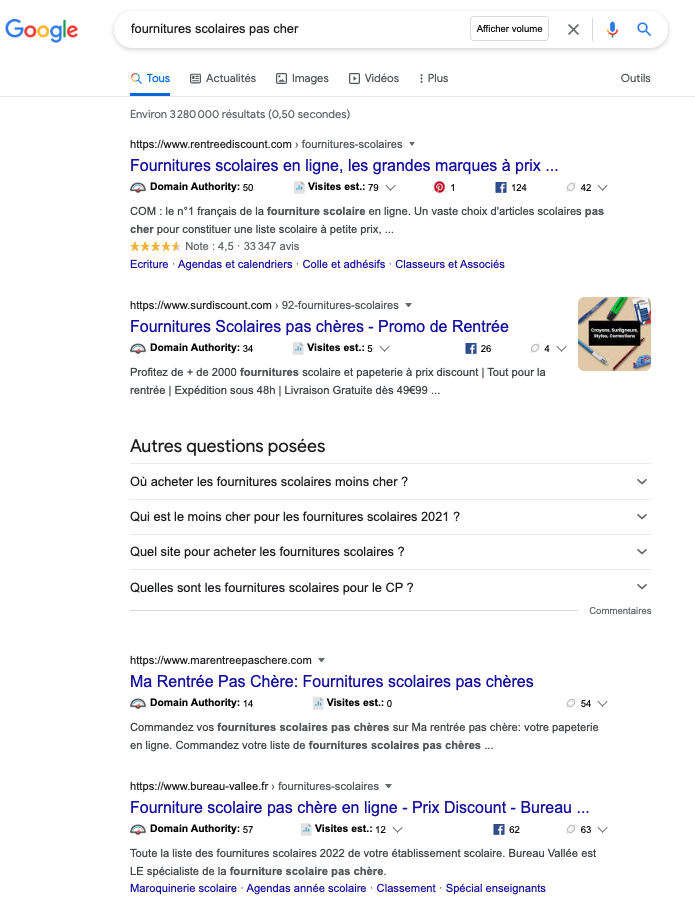 page de résultats de recherche google