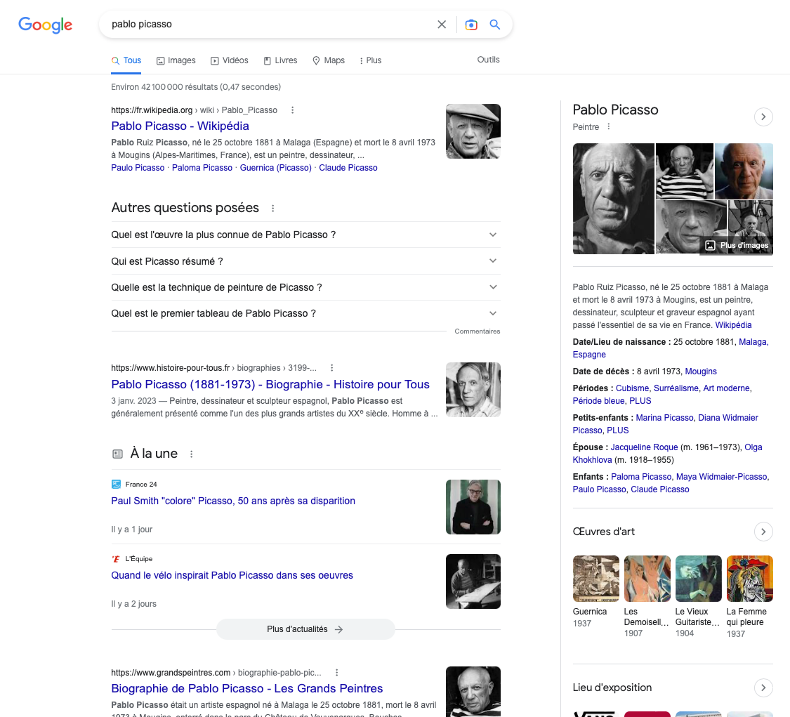 exemple position zéro knowledge graph google pablo picasso