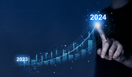 Augmenter le graphique de flèche de croissance future de l'entreprise année 2024. Planification, opportunité, défi et stratégie commerciale. Nouveaux objectifs, plans et visions pour l’année prochaine 2024.