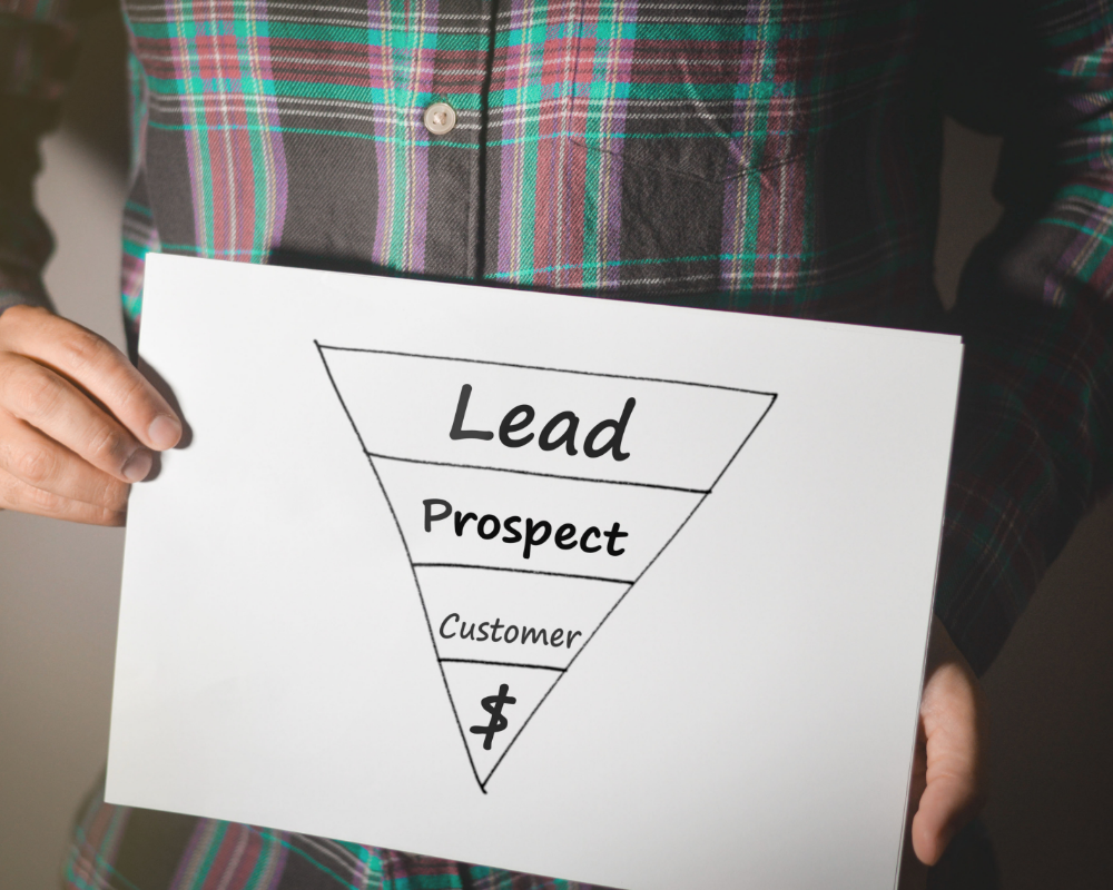 a person holding a sign with a lead funnel